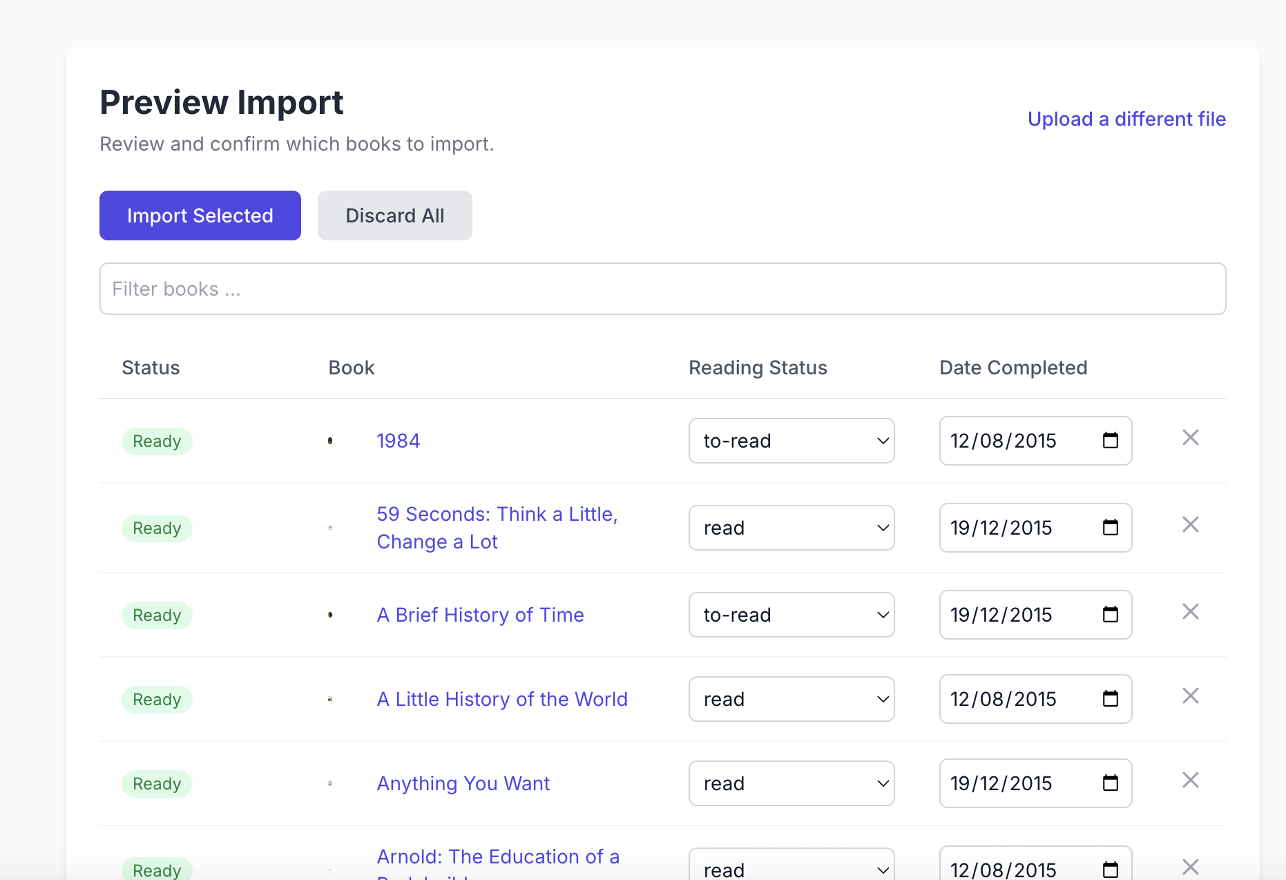Goodreads import preview